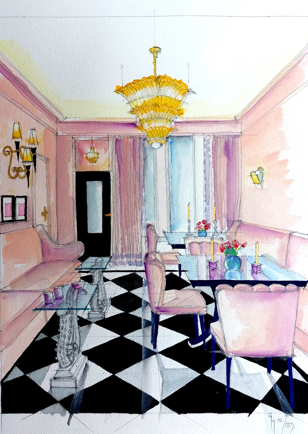 Watercolor French Cafe, Art Deco Painting, Pink Interior Decor, 9x12 ...