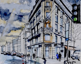 Acuarela de París, paisaje urbano bajo la lluvia, obra firmada