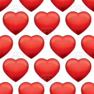 May include: A repeating pattern of bright red hearts on a white background. The hearts are evenly spaced and have a smooth, glossy appearance. The design is simple and visually striking, suitable for various applications.