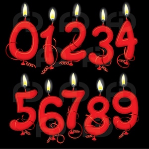 Puede incluir: Velas de cumpleaños rojas con forma de números del 0 al 9 con llamas en la parte superior. Las velas están sobre un fondo negro.