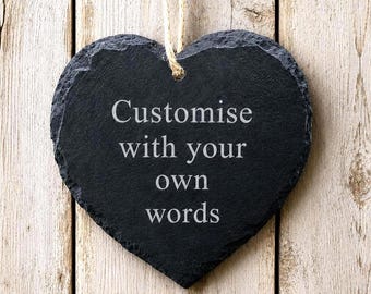 Personalised Engraved Slate Plaque – Rustic Hanging Heart Sign, Any Custom Message Outdoor / Indoor Waterproof