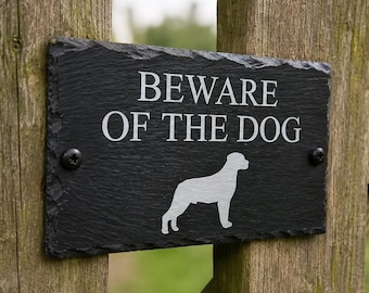 Personalised Beware Of The Dog Slate Warning Sign, Engraved Rustic Gate Plaque, Custom Breed Garden Fence Notice, Outdoor Wall Door Decor