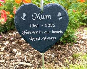 Personalised Memorial Plaque – Engraved Hanging Stone Heart with Stake – Custom Remembrance Gift – Grave Marker Tribute Sign for Loved Ones