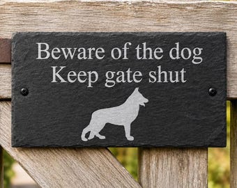 Personalised Beware Of The Dog Slate Sign, Engraved Keep Gate Shut Warning Plaque, Custom Breed Rustic Outdoor Garden Fence Door Pet Notice