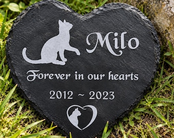 Hartvormige gedenkplaat voor katten | Gepersonaliseerde grafsteen van leisteen voor huisdieren | Condoleancegeschenk bij het verlies van een kat | Gegraveerde gedenksteen voor huisdieren in de tuin