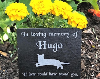May include: A black slate pet memorial plaque with the name "Hugo" and a cat silhouette. The plaque is inscribed with the words "In loving memory of" and "If love could have saved you, you would have lived forever."