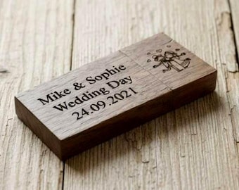 Personalised USB Memory Stick Engraved Walnut Wood Flash Drive Wedding Anniversary Photos Storage Memories Keepsake Gift