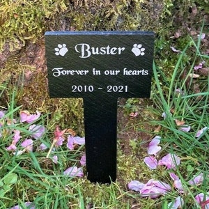 May include: Black slate pet memorial marker with white paw prints and the text "Buster Forever in our hearts 2010 - 2021".
