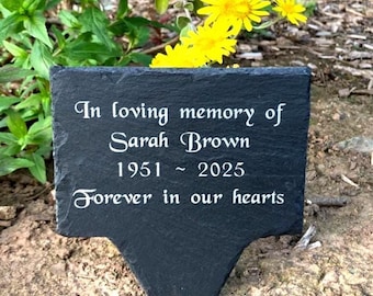 Personalised Engraved Slate Memorial Tree Grave Marker Outside Plaque with Stake Ground Spike Waterproof and Weatherproof 12 x 14cm