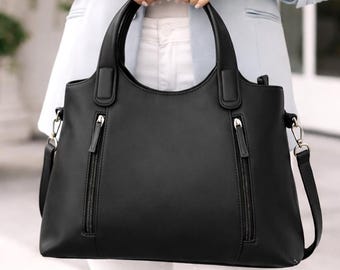 Black Genuine Leather Tote Bag Womens Handmade Shoulder Bag Luxury Crossbody Handbag Large Everyday Work Shopper Gift for Her Mum Wife