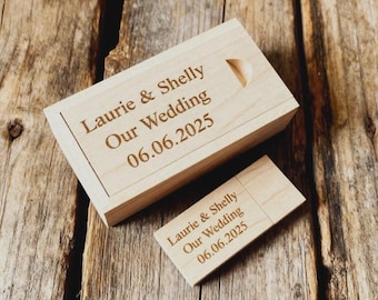 Custom Engraved Wood Usb Stick, 16GB Bridal Photography File Holder, Personalised Marriage Keepsake, Rustic Presentation Case, Couple Gift