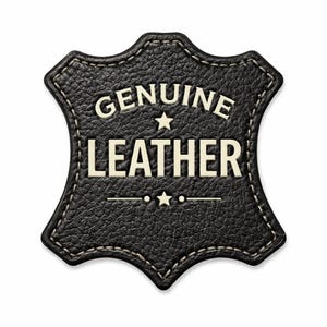 A black textured leather shape with white stitching and the text GENUINE LEATHER.