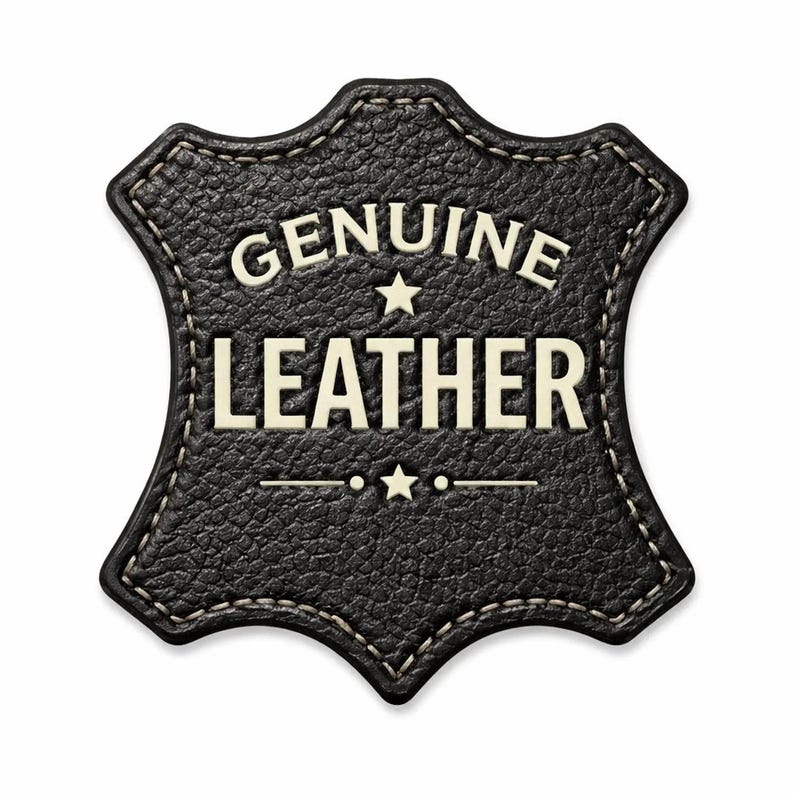 A black textured leather shape with white stitching and the text GENUINE LEATHER.
