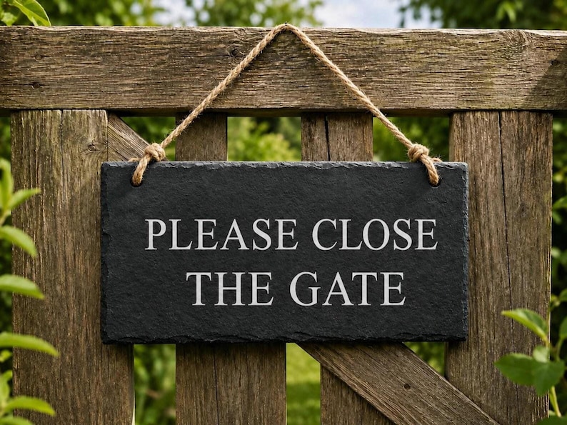 A dark grey rectangular slate plaque hangs by a jute rope on a wooden gate, featuring the engraved text PLEASE CLOSE THE GATE.