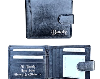 Fathers Day Gift Mens Personalised Engraved Black Genuine Leather Wallet Gift for Him Dad Daddy Grandad Husband Boyfriend