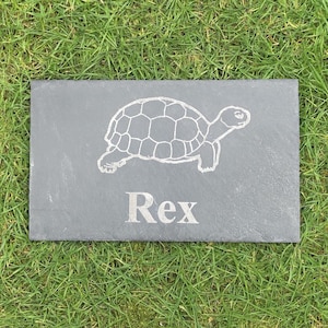 Pode incluir: Placa retangular de ardósia cinza com um desenho de tartaruga gravado e o nome "Rex" abaixo. O desenho da tartaruga é detalhado. Colocada sobre grama verde.