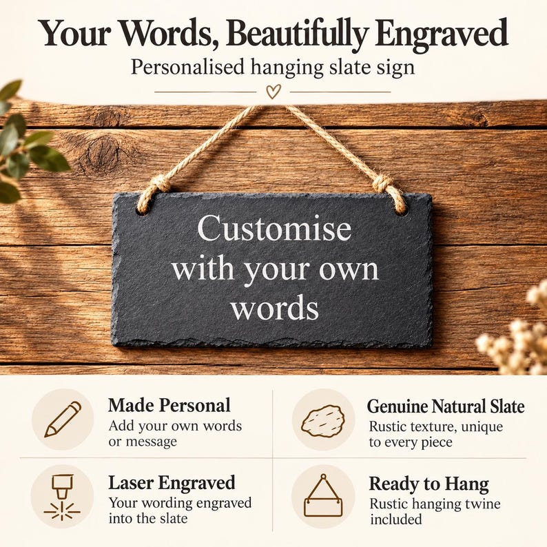 May include: A rectangular black slate sign with the text "Customise with your own words" engraved in white. The sign hangs from a piece of natural twine. Above the sign, the text reads "Your Words, Beautifully Engraved" and "Personalised hanging slate sign".