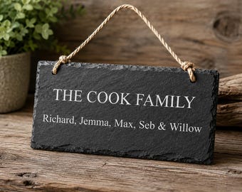 Personalised Family Name Slate Hanging Sign, Custom Surname Wall Plaque, Rustic Rope Home Decor, Housewarming Gift, Wedding Keepsake Present