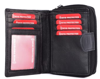 Womens Real Genuine Soft Black Leather Purse Zip around Credit Card Holder, Ladies RFID Protection Coin Clutch Small Wallet Gift for Her Mum