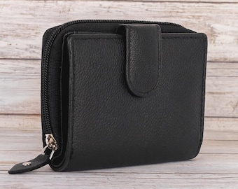 Womens RFID Protected Genuine Leather Small Zip Around Purse Ladies Credit Card Holder Clutch Wallet Black