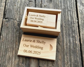 Personalised Engraved Wooden Usb Memory Stick, 16GB Wedding Flash Drive, Custom Photo Storage, Couple Keepsake, Presentation Gift Box Set