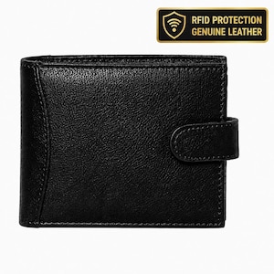 A closed black textured leather wallet with a snap closure strap and an RFID protection label in the corner.