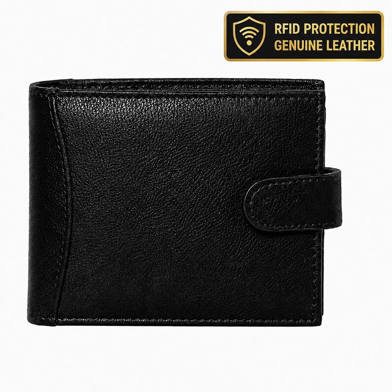 A closed black textured leather wallet with a snap closure strap and an RFID protection label in the corner.