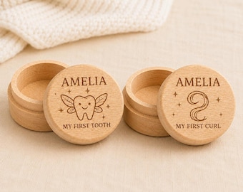 My First Tooth And My First Curl Wooden Keepsake Box Set, Engraved Baby Memory Pots, Custom Name Hair Lock Holder Newborn Gift