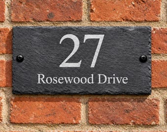 Personalised Slate House Number Sign | Engraved Address Plaque | Rustic Outdoor Door Nameplate 20 x 10 cm