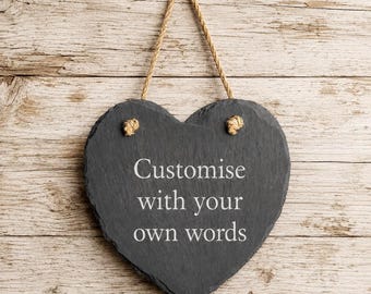 Personalised Engraved Slate Heart Sign, Custom Text Hanging Plaque, Rustic Rope Ornament, Indoor Outdoor Home Garden Decor, Wedding Keepsake