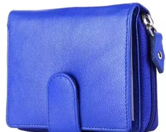 Handmade Womens Blue Genuine Soft Leather Small Zip Around Purse, Ladies Credit Card Holder, RFID Protected Coin Wallet Gift for Her Mum