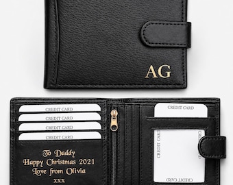 Personalised Genuine Leather Wallet, Engraved Rfid Trifold, Men's Credit Card Holder, Zip Coin Purse, Black Anniversary Gift For Dad Husband