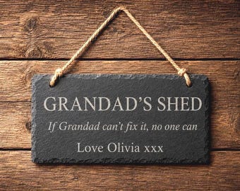 Personalised Grandad's Shed Slate Sign, Rustic Hanging Plaque, Custom Workshop Gift, Father's Day Present, Outdoor Garden Decor, Keepsake