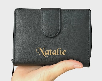 Personlig läderväska med namngravyr, myntficka med dragkedja och kreditkortshållare, personlig present till mamma, fru, syster
