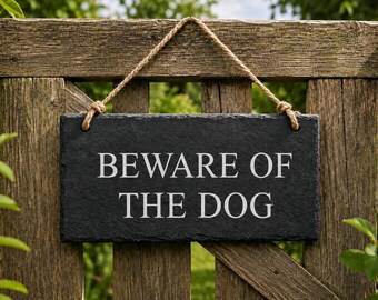 Beware Of The Dog Slate Sign, Rustic Hanging Gate Plaque, Outdoor Pet Warning Notice, Black Garden Decor, Rope Entrance Marker, Front Door