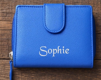 Custom Name Real Leather Blue Purse, Womens Personalised RFID Protected Credit Card Holder, Coin Purse Wallet Engraved Gift for Her