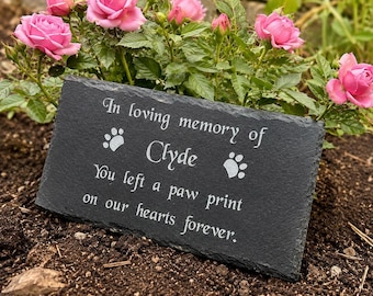 Personalised Engraved Dog Memorial Slate Plaque, Black Stone Pet Grave Marker, Paw Print Loss Keepsake, Outdoor Garden Remembrance Headstone