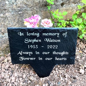 May include: A black slate memorial plaque with white lettering. The text reads "In loving memory of Stephen Watson 1953 ~ 2022 Always in our thoughts Forever in our hearts." Pink roses and green foliage are in the background.