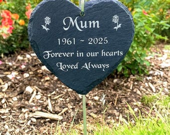 Personalised Memorial Plaque – Engraved Hanging Stone Heart with Stake – Custom Remembrance Gift – Grave Marker Tribute Sign for Loved Ones