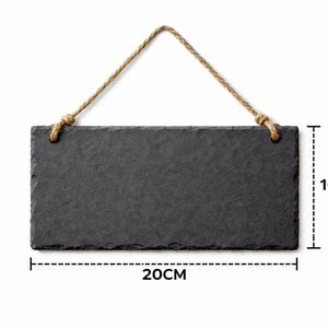 A blank rectangular dark grey slate plaque hangs by a rustic twine rope against a white background, with dimension arrows indicating a width of 20cm and height of 10cm.