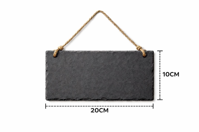 A blank rectangular dark grey slate plaque hangs by a rustic twine rope against a white background, with dimension arrows indicating a width of 20cm and height of 10cm.
