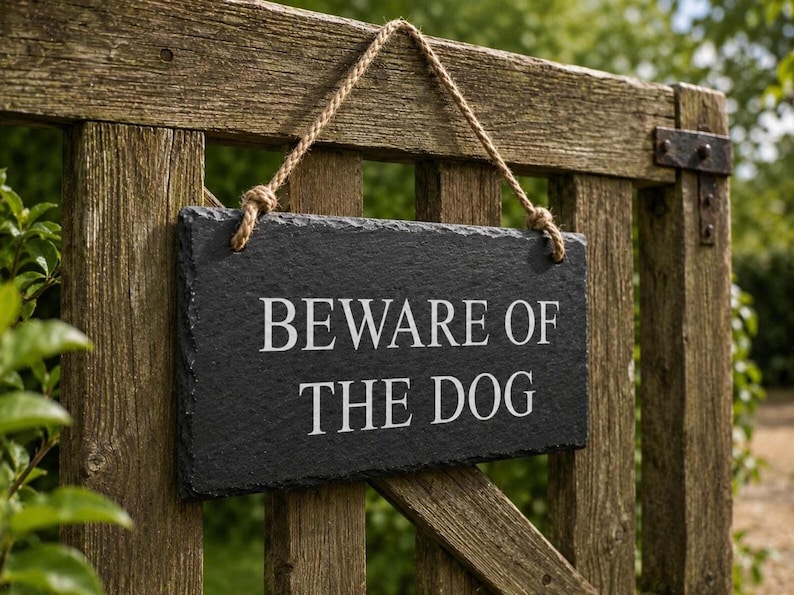 A dark grey rectangular slate sign hangs by a rustic twine rope from a weathered wooden garden gate, engraved with the words BEWARE OF THE DOG.