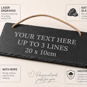 A product infographic featuring a hanging slate plaque with engraved placeholder text, surrounded by four feature callouts detailing laser engraving, natural slate, rope hanging, and weatherproof qualities.