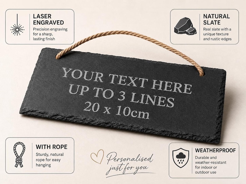 A product infographic featuring a hanging slate plaque with engraved placeholder text, surrounded by four feature callouts detailing laser engraving, natural slate, rope hanging, and weatherproof qualities.