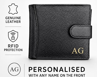 Personalised Leather Wallet for Men, RFID Engraved Black Wallet, Custom Name Card Holder with Coin Pocket, Birthday Gift for Him Dad Grandad