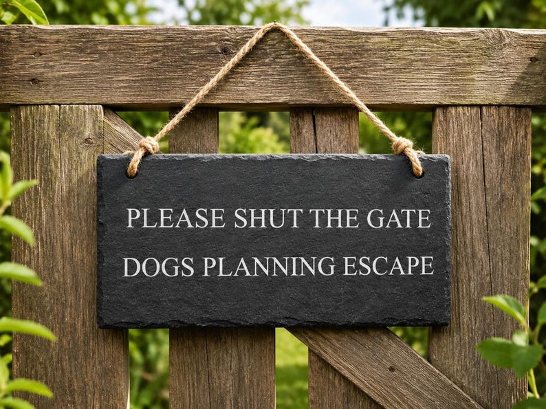 A dark grey rectangular slate sign hangs by a rope from a wooden gate, displaying the engraved text PLEASE SHUT THE GATE DOGS PLANNING ESCAPE.