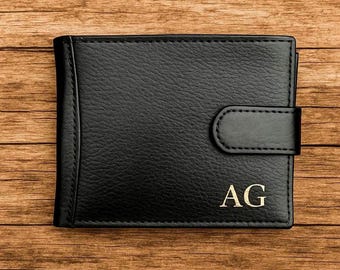 Engraved Genuine Black Leather Wallet Personalized Custom Wallet Groomsmen Gift for Men Boyfriend Gift Father’s Day Gift for Dad Him