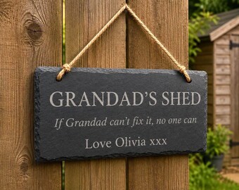 Personalised Slate Plaque, Custom Message Hanging Sign, Funny Workshop Shed Decor, Rustic Bespoke Gift for Dad, Brother, Grandad, Son, Him