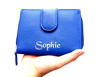 Handmade Personalised Engraved Womens Blue Genuine Soft Leather Zip Around Purse Ladies Credit Card Holder RFID Coin Wallet Gift for Her Mum
