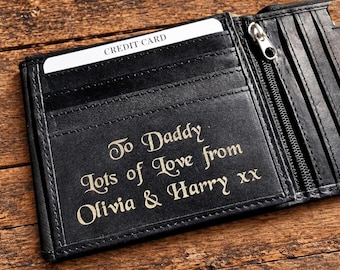 Mens Personalised Engraved Wallet, Genuine Soft Black Real Leather Wallet, Personalised Gift for Him, Boyfriend, Husband, Dad, Grandad, Son